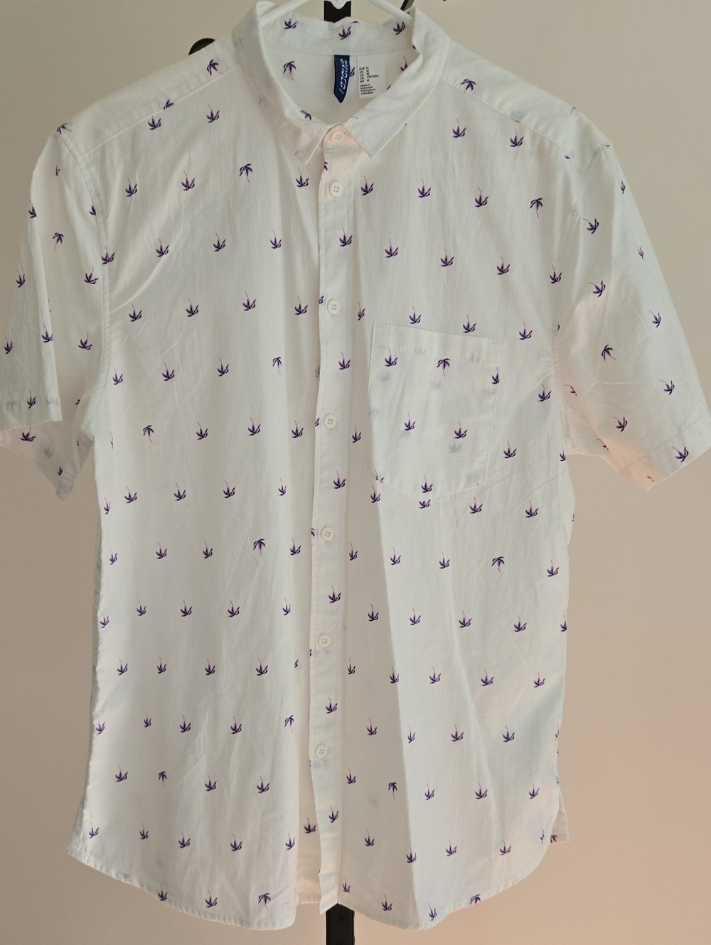 Divided White Short-Sleeve Button-Down Shirt with Purple Palm Trees
